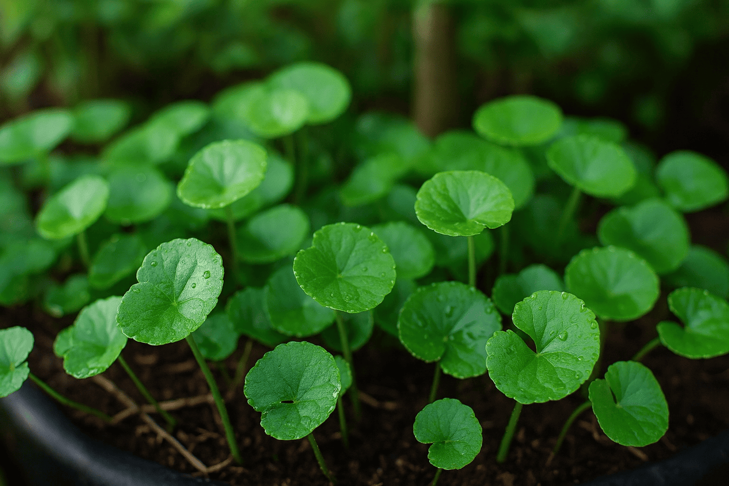 Daun pegaga yang segar dan hijau tumbuh subur di dalam pasu, dengan titisan air pada permukaannya selepas disiram, sesuai untuk kegunaan herba dan perubatan tradisional.