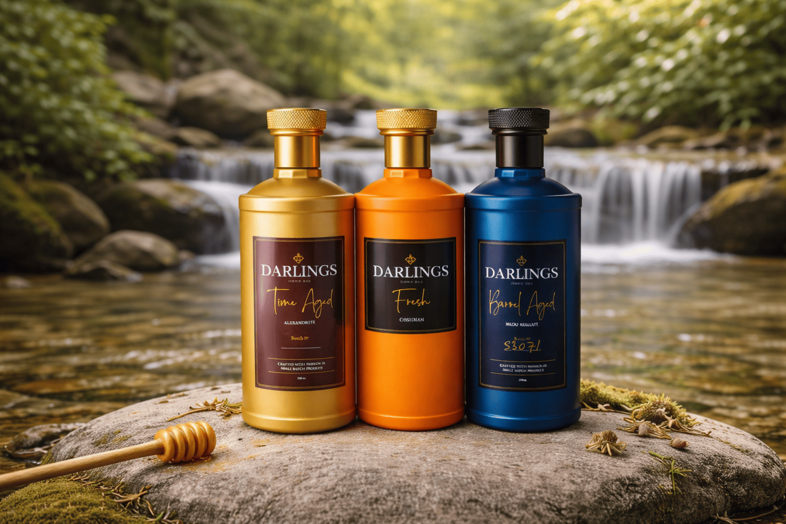 Three stingless bee honey bottles in gold, orange, and blue are displayed on a rock beside a forest stream with a small waterfall in the background.